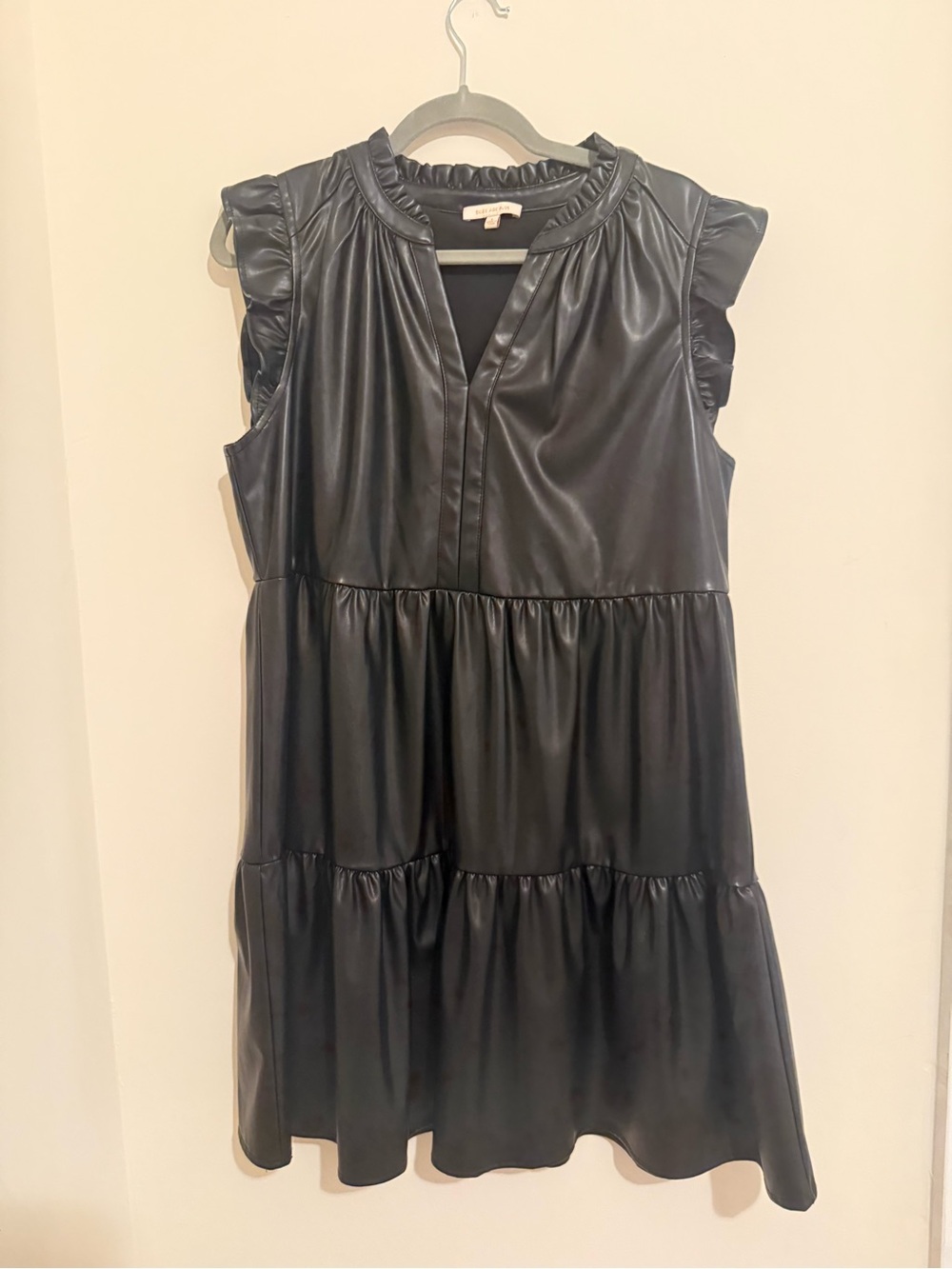 Skies Are Blue Black Faux Leather Tiered Dress